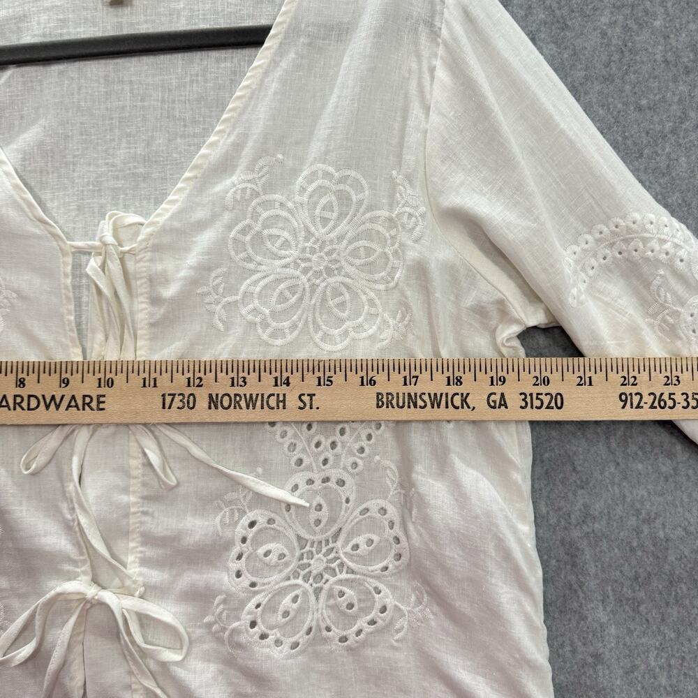 Christian Siriano Linen Blend Tie Front Top Sz S Cream Coquette Embroidered Boho - Picture 7 of 10